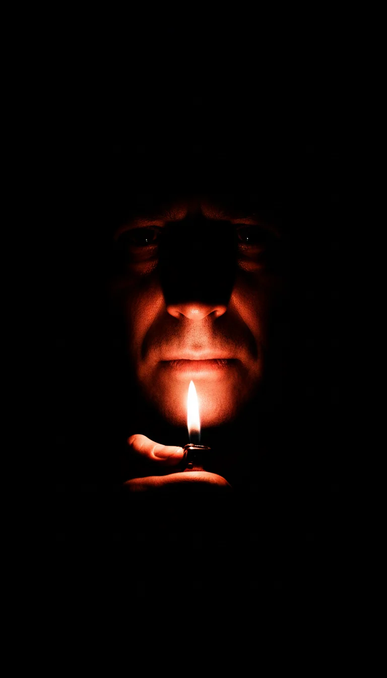 Subject lit only by a lighter flame from below the chin against pitch black — black and white portrait prompt for Video Studio AI