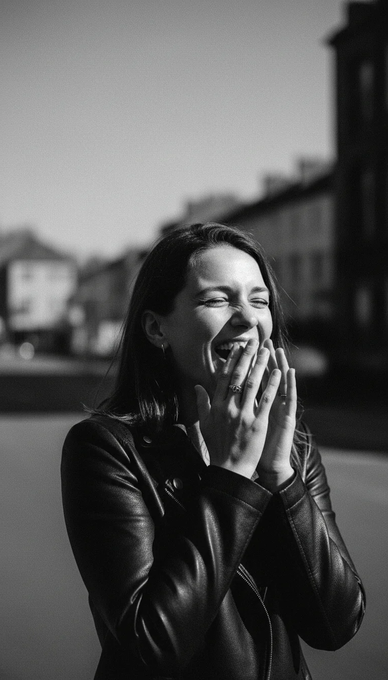 Woman caught mid-laugh in harsh side lighting with dramatic shadows — black and white portrait prompt for Video Studio AI