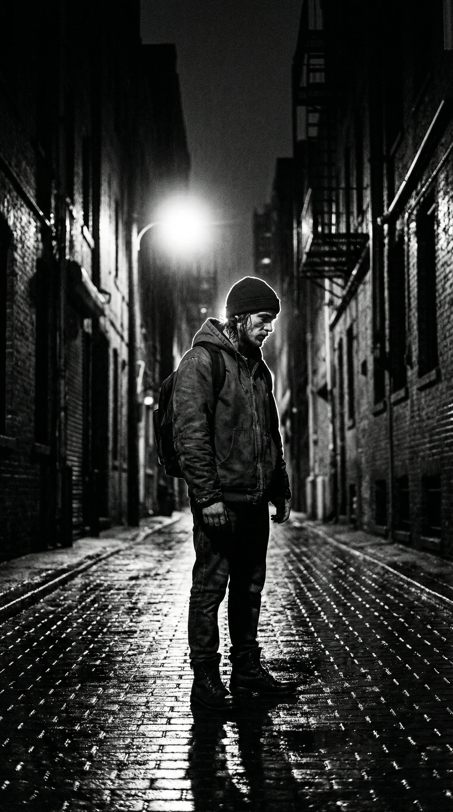 Subject backlit by a sodium streetlamp on a rain-slicked alley at midnight — black and white portrait prompt for Video Studio AI
