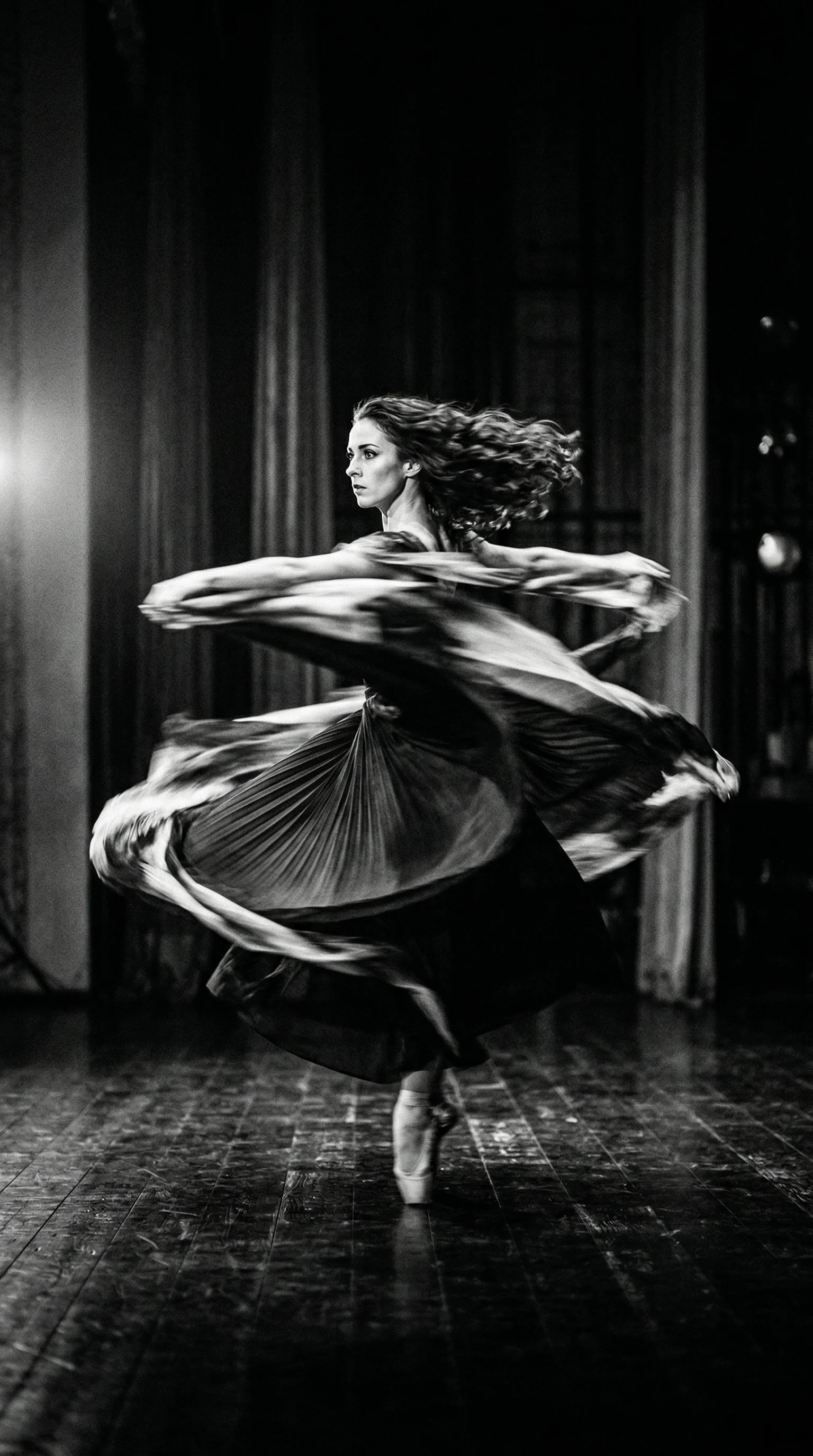 Dancer mid-spin with sharp face and blurred fabric in dramatic side light — black and white portrait prompt for Video Studio AI