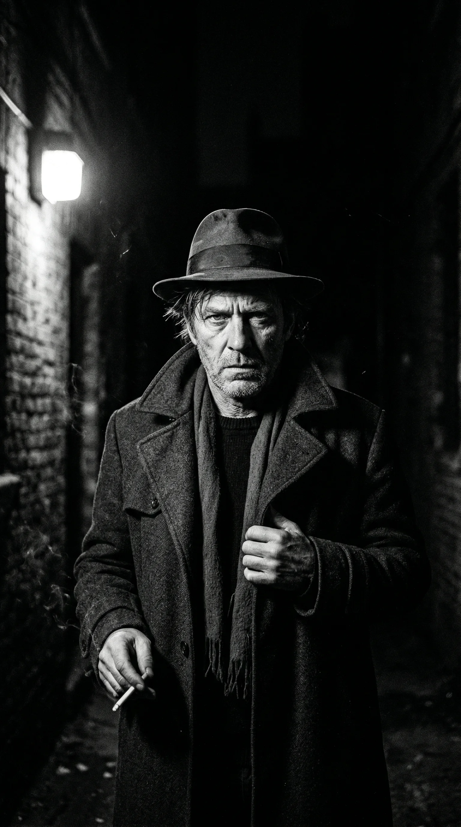 Trench-coated detective in chiaroscuro lighting against deep black shadows — black and white portrait prompt for Video Studio AI