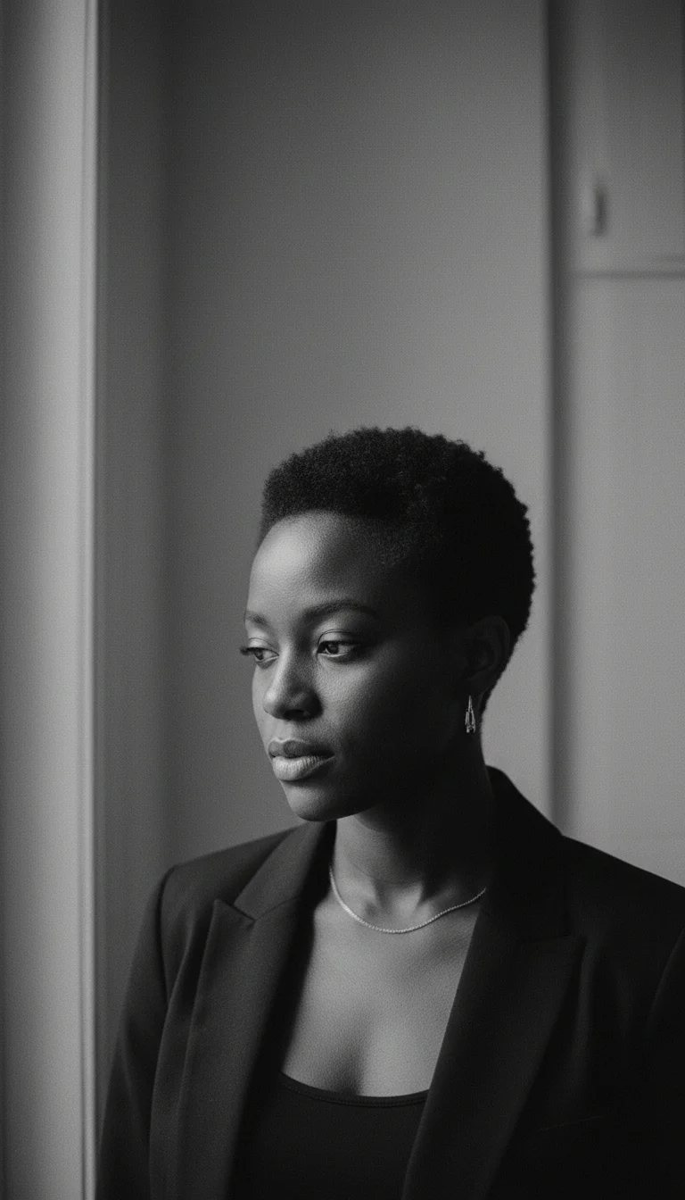 Contemplative subject looking away under soft window light — black and white portrait prompt for Video Studio AI