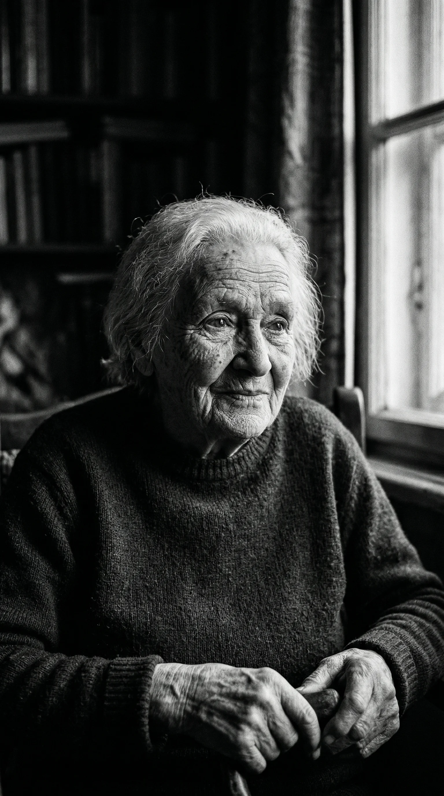 Elderly woman with classic Rembrandt triangle light from a side window — black and white portrait prompt for Video Studio AI