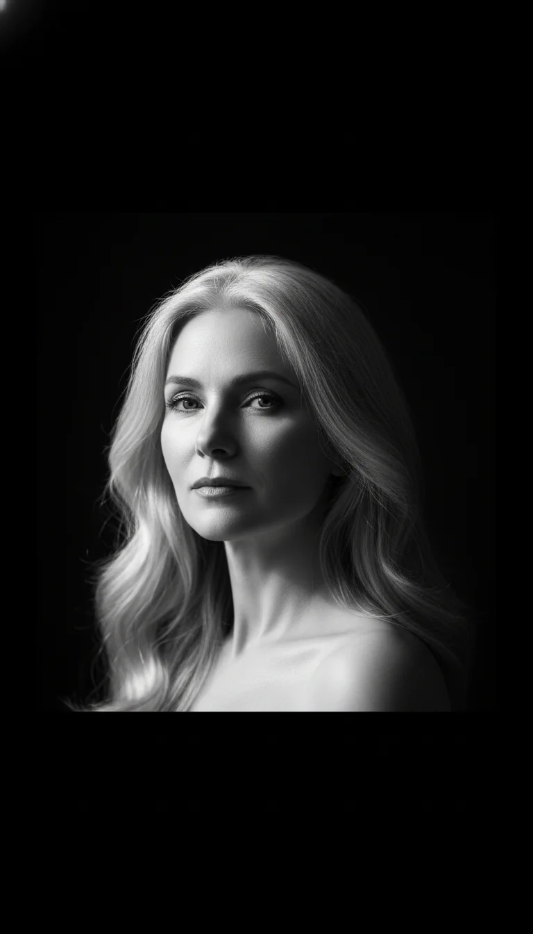 Silver-haired woman lit by butterfly window light against deep black — black and white portrait prompt for Video Studio AI