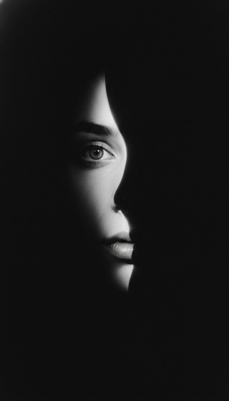 Face mostly consumed by shadow with one eye lit by a sliver of light — black and white portrait prompt for Video Studio AI