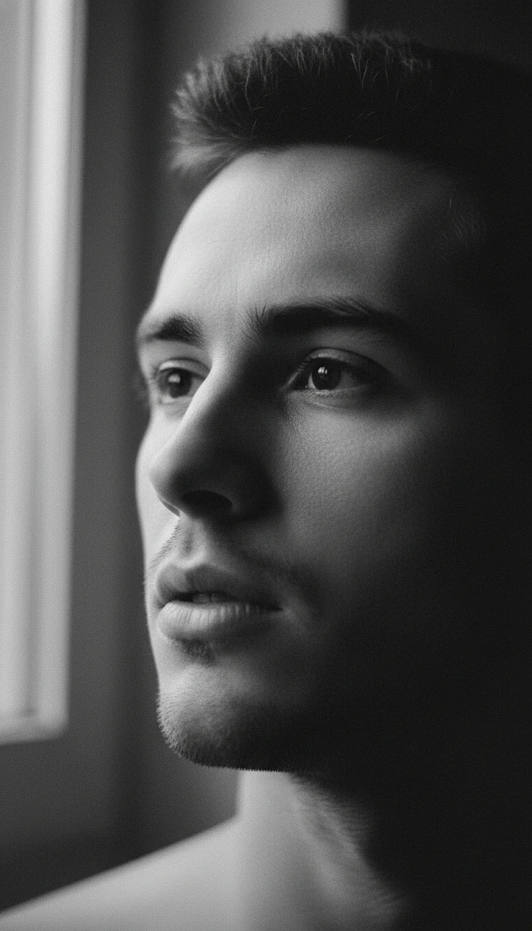 Young man with soft side window light fading into deep shadow — black and white portrait prompt for Video Studio AI