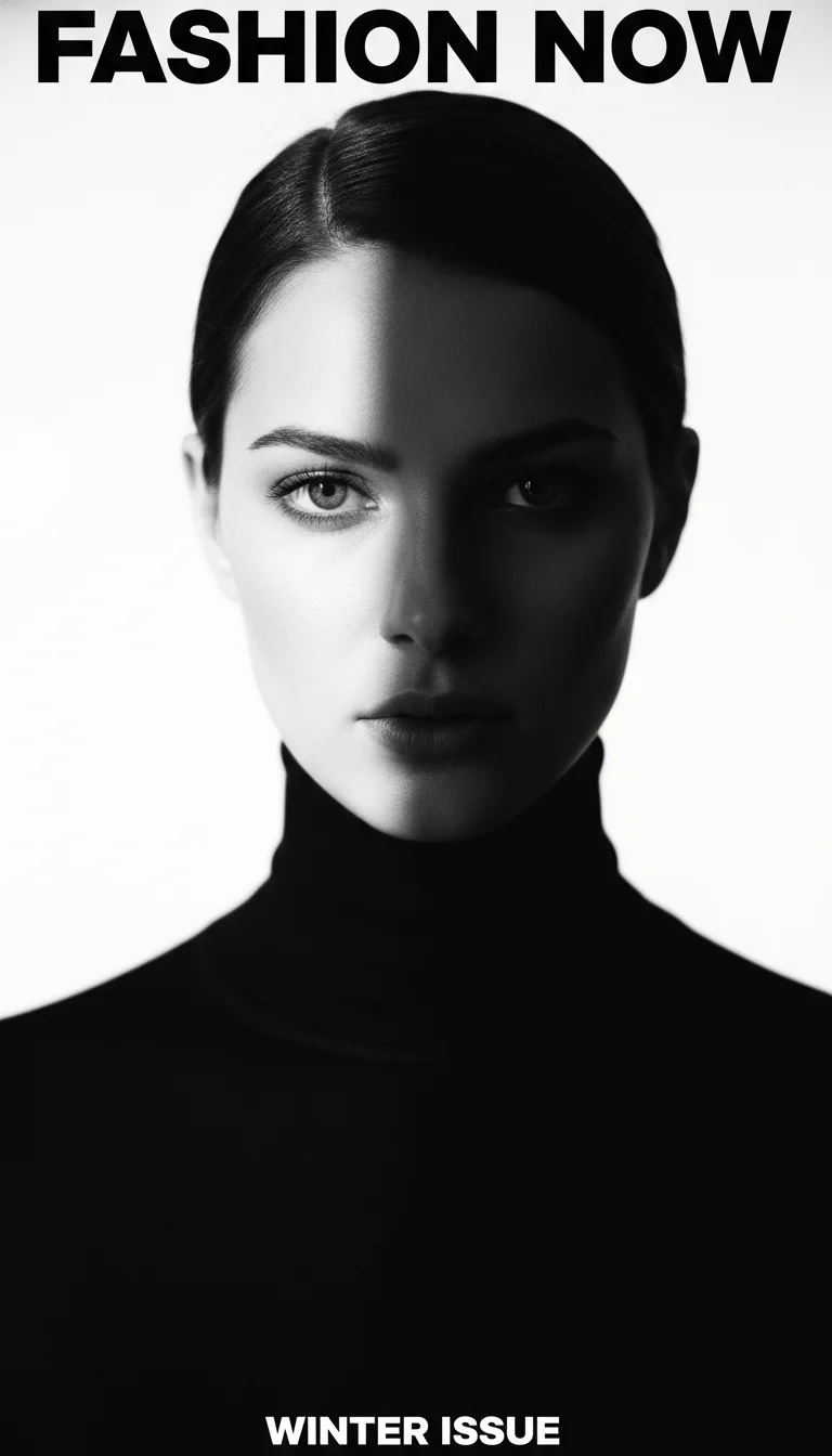 Editorial fashion model in split lighting on a pure white seamless backdrop — black and white portrait prompt for Video Studio AI