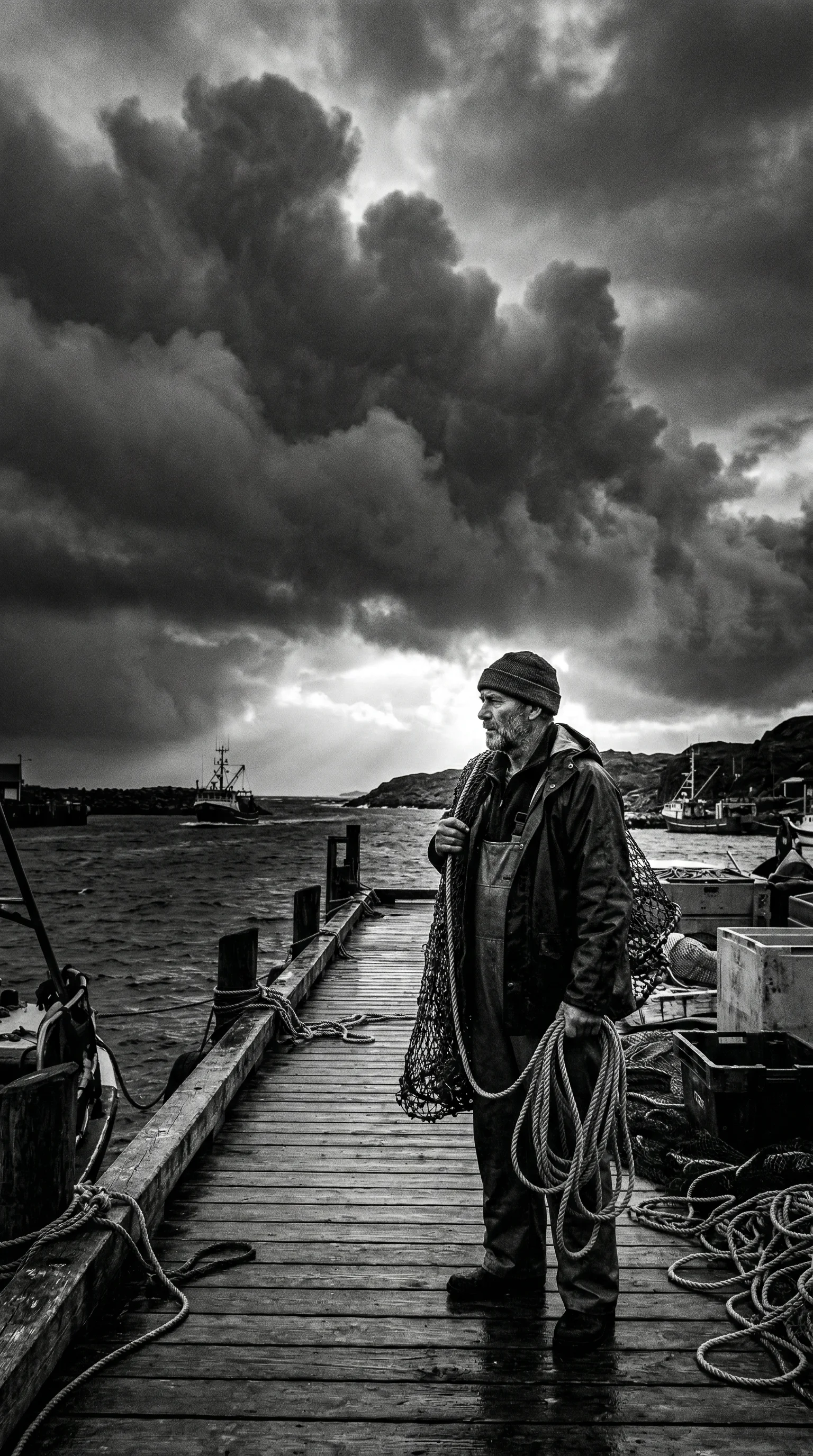 Fisherman on a dock with a stormy sky rising overhead in environmental portrait — black and white portrait prompt for Video Studio AI