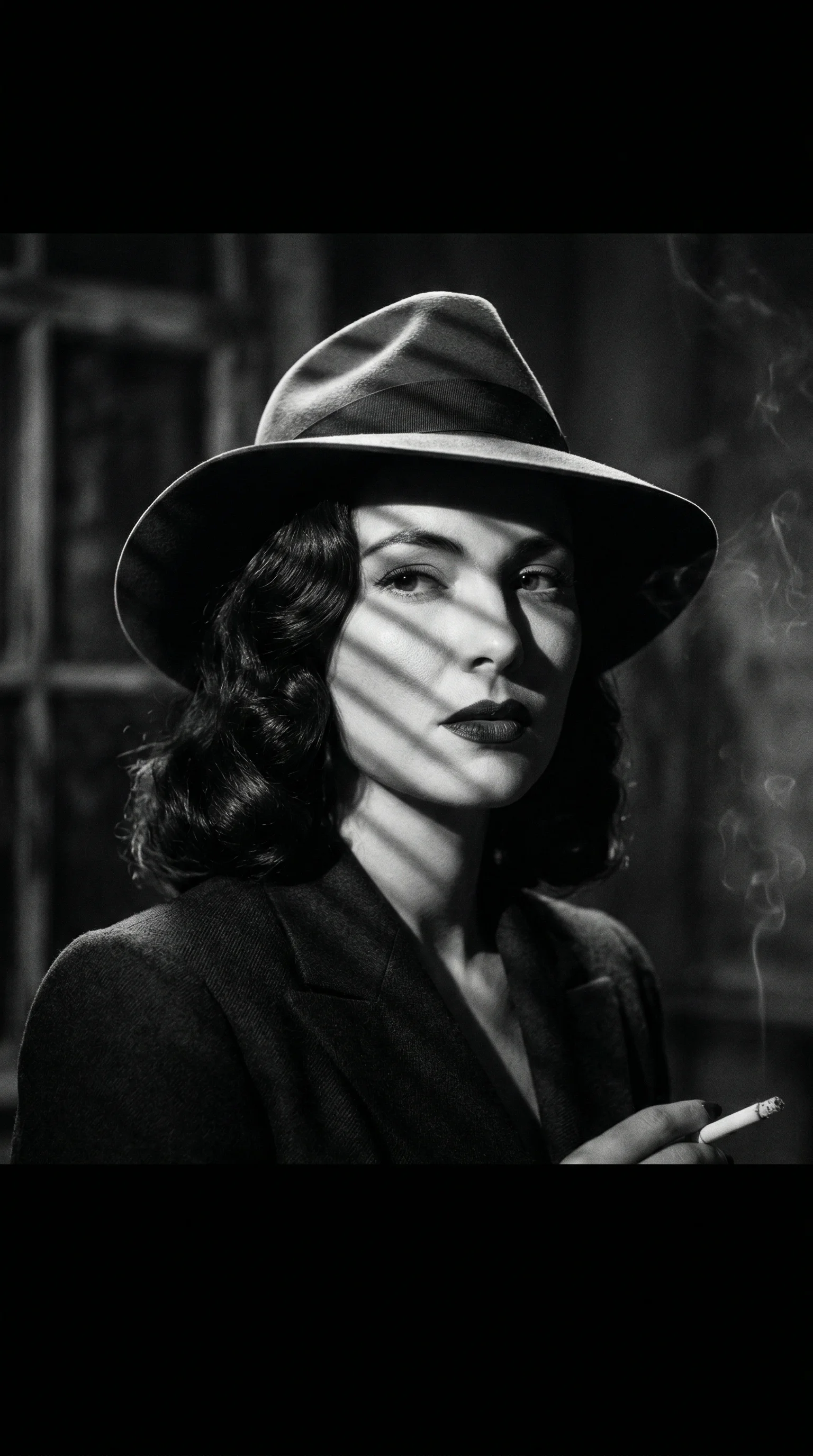 Femme fatale lit by venetian blind shadow pattern in 1940s Hollywood mood — black and white portrait prompt for Video Studio AI