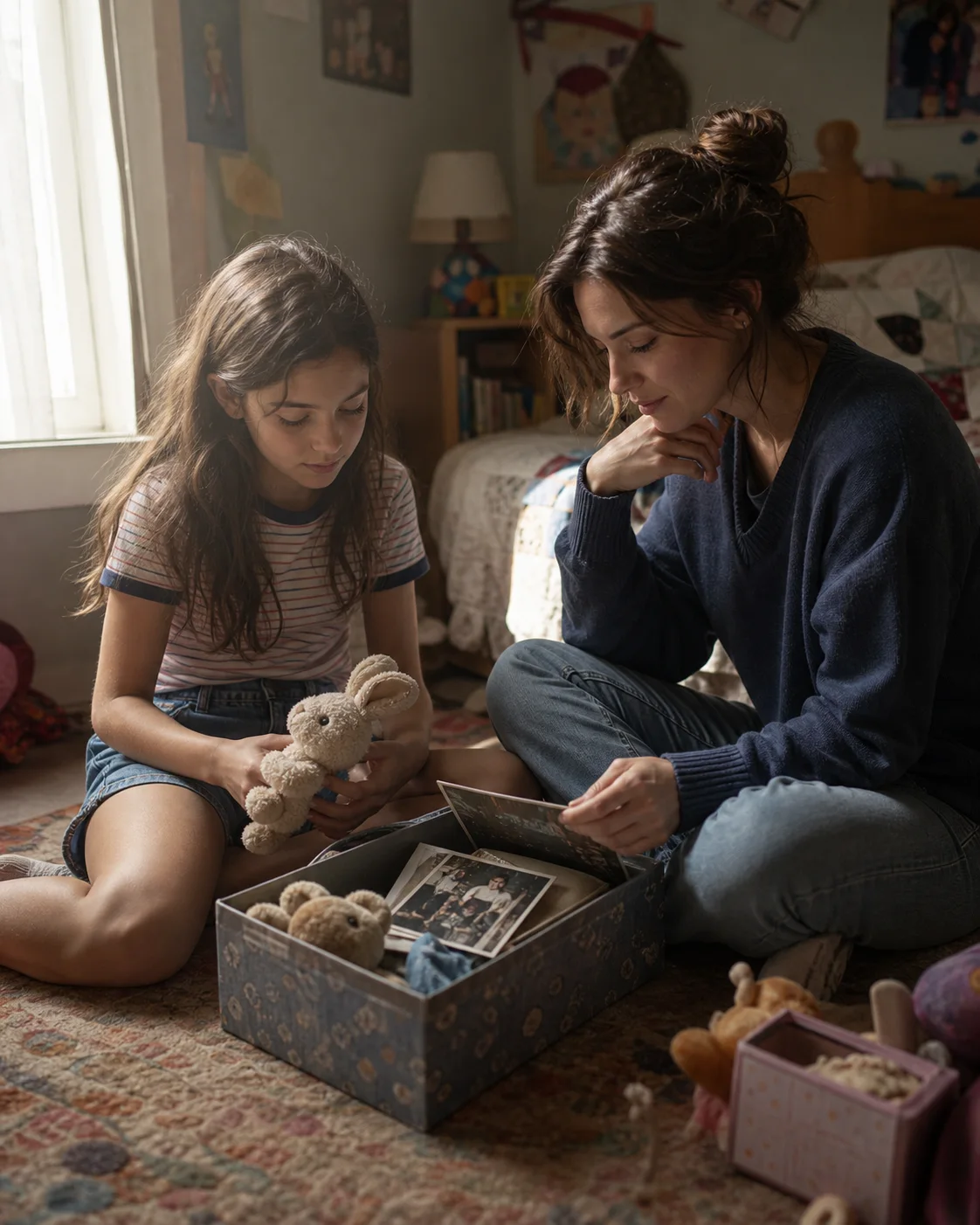 Adult and younger self sitting in a childhood bedroom beside a small memory box