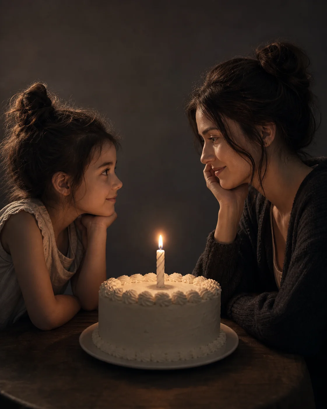 Candlelit studio portrait of an adult meeting their younger self across a birthday cake