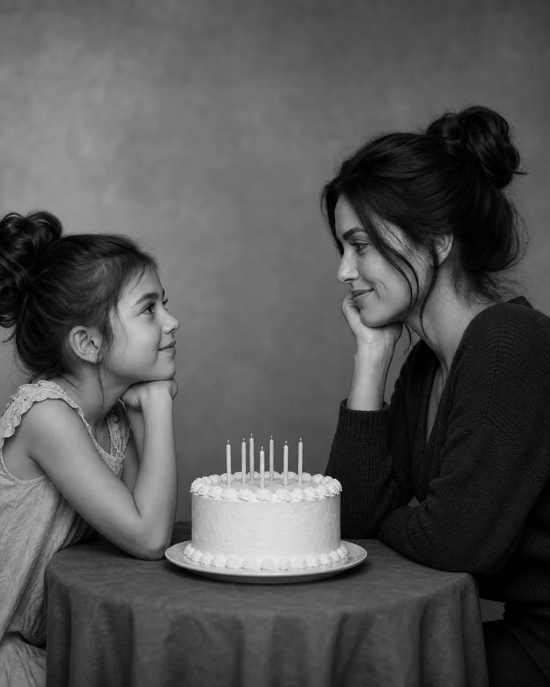 Black-and-white studio portrait of an adult meeting their younger self across a birthday cake