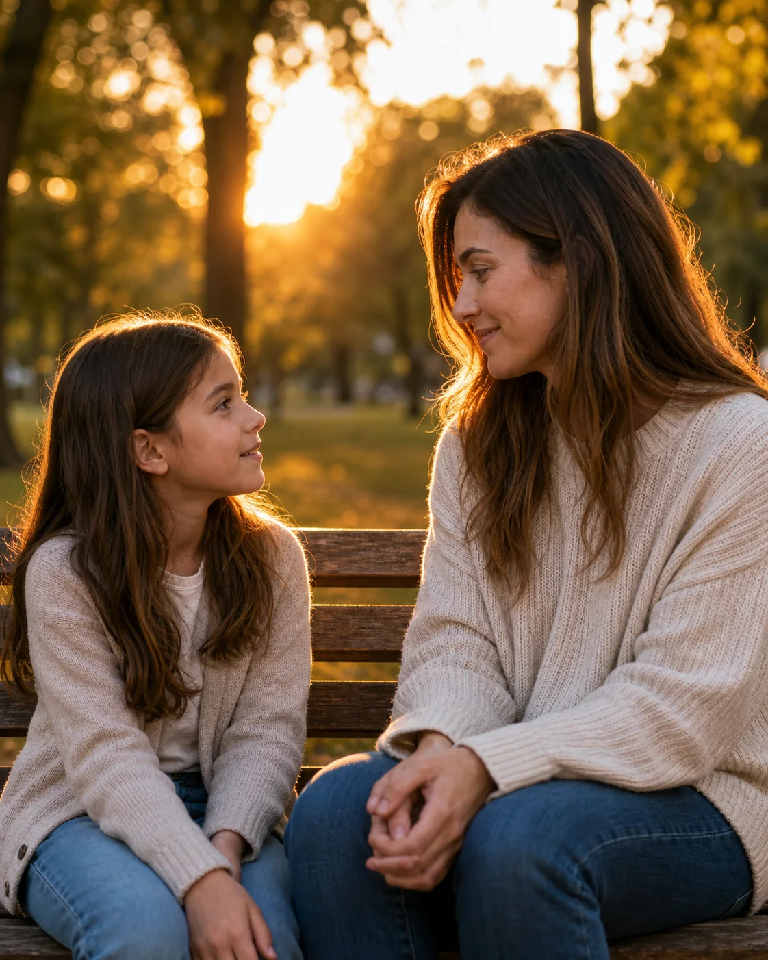 Adult and younger self sitting together on a wooden park bench at golden hour