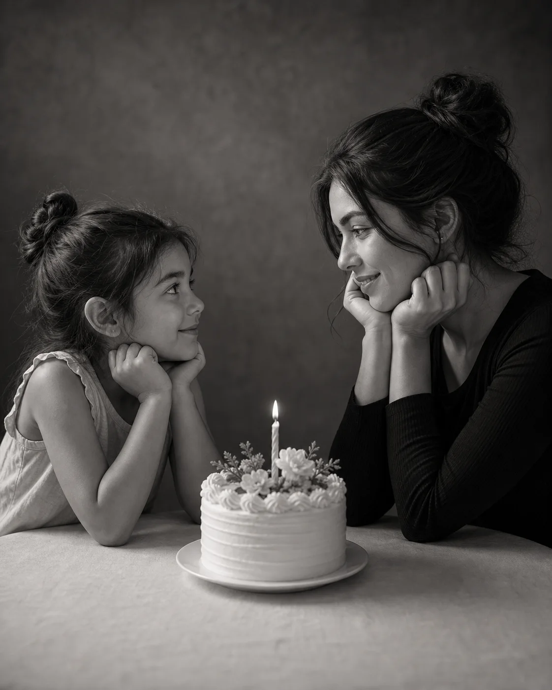 Adult with hands under chin looking at their younger self across a birthday cake