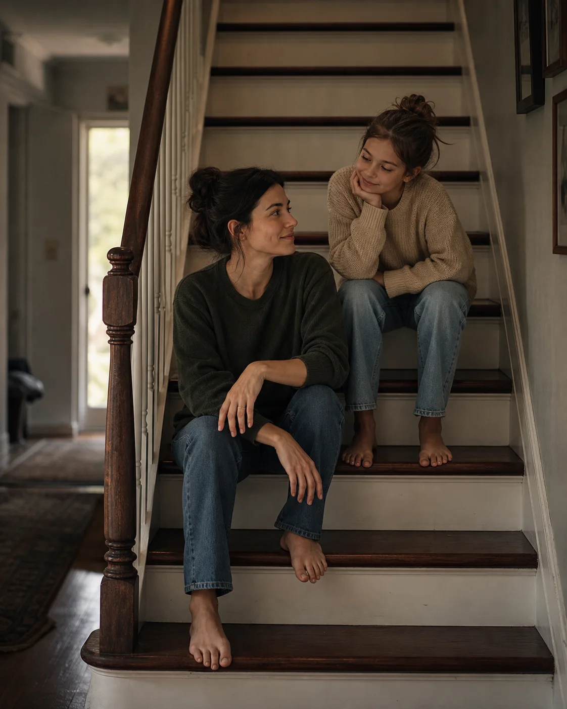 Adult and younger self sitting together on a quiet home staircase