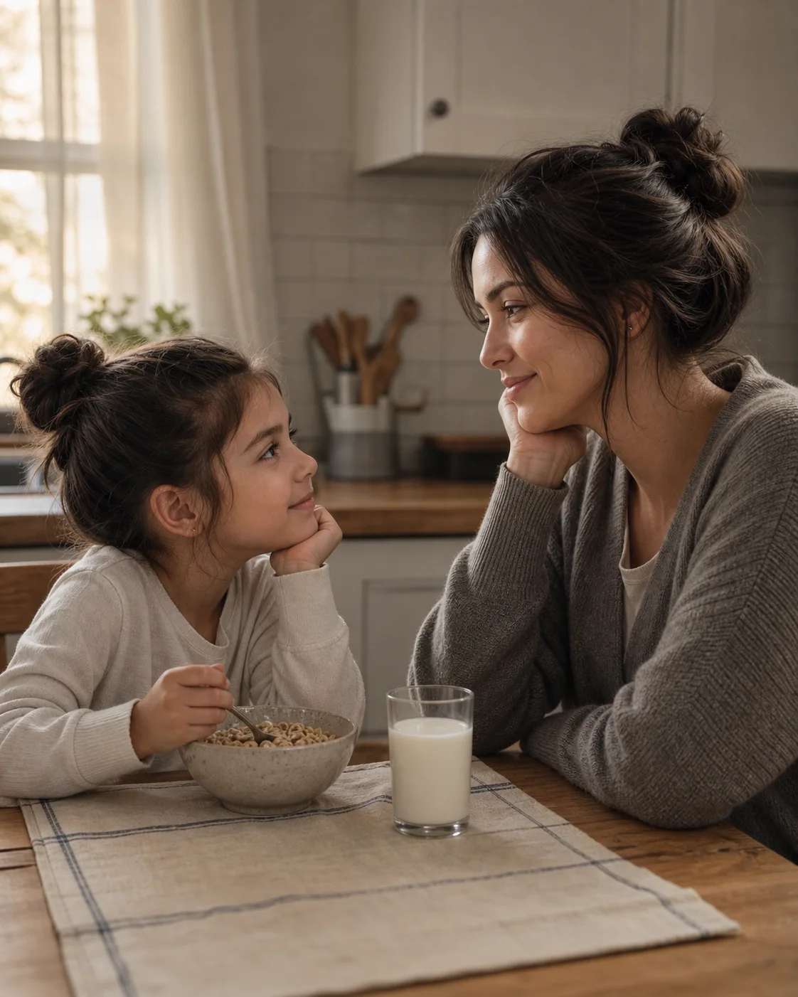 Adult and younger self sitting at a quiet kitchen table in morning light