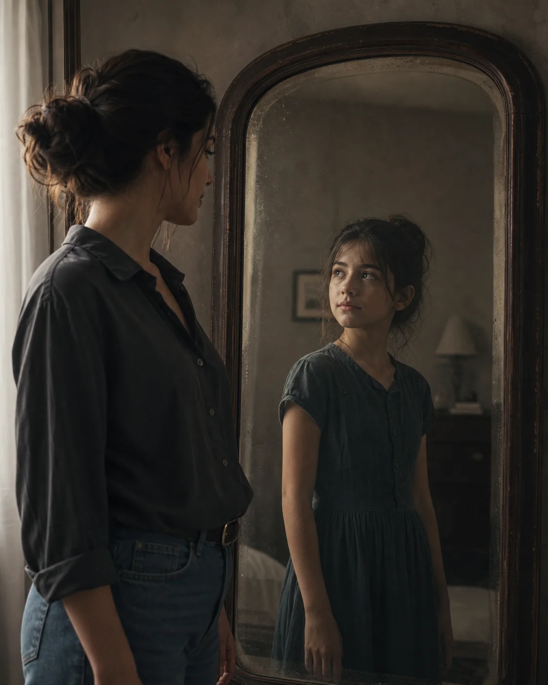 Adult seeing a younger version of themselves in a realistic mirror reflection
