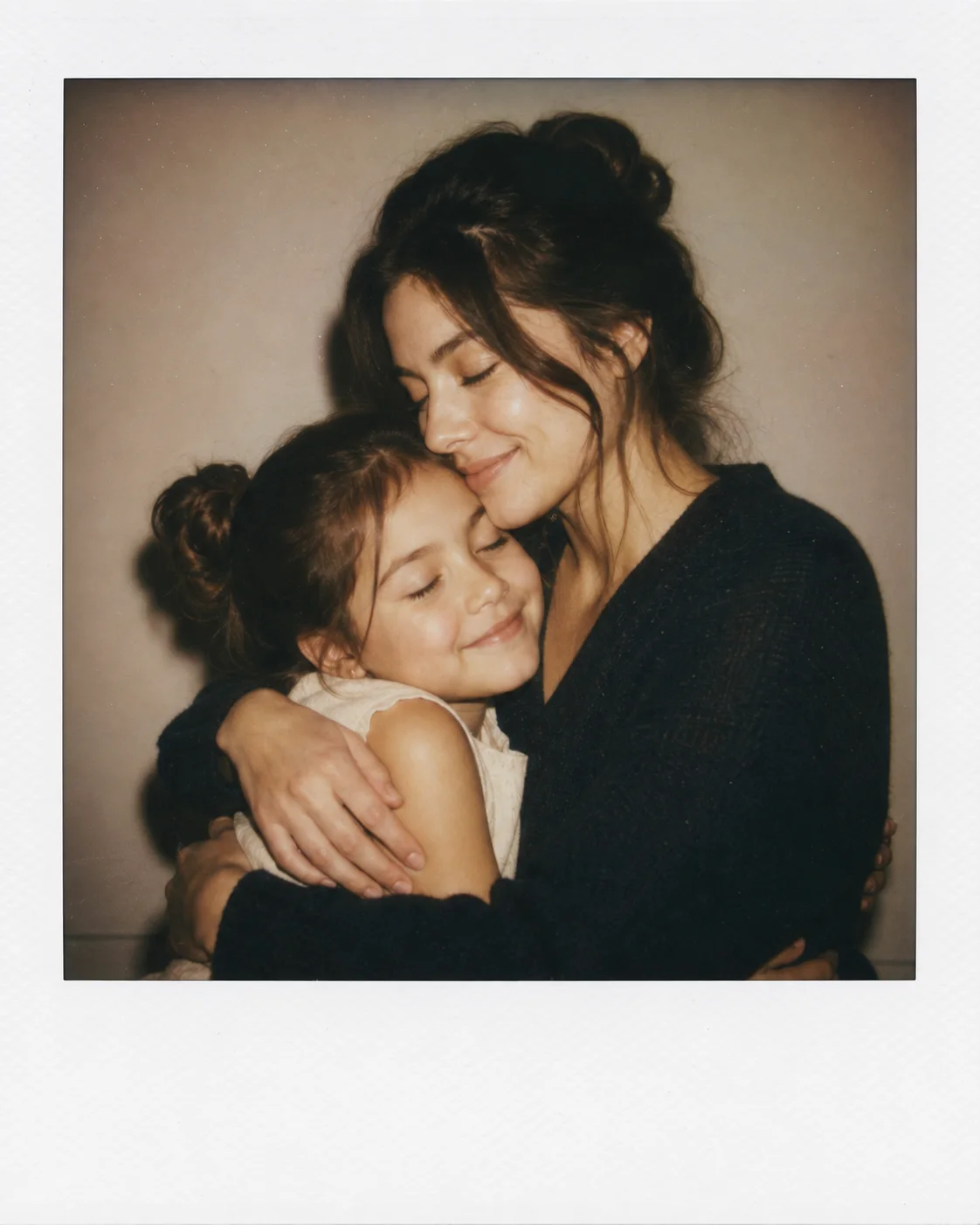 Vintage instant-photo style portrait of an adult hugging their younger self