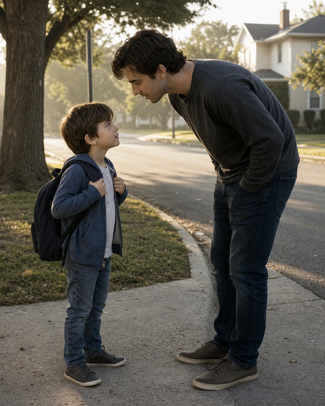Adult meeting their younger self near a quiet school street corner