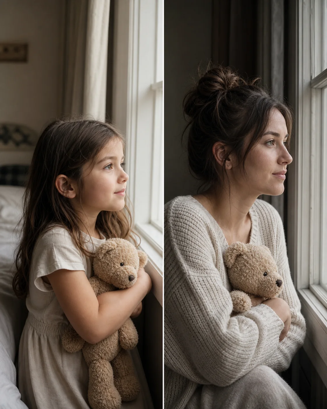 Editorial split-screen portrait of a younger self and present-day self in matching window light