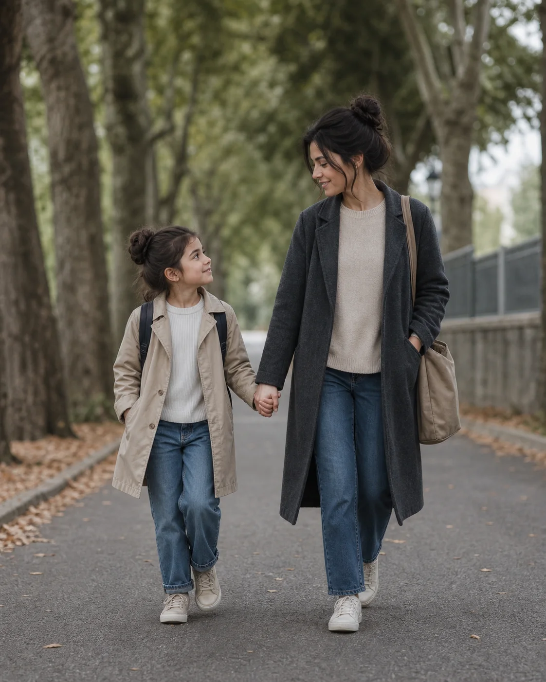 Present-day adult walking with their younger self on a quiet tree-lined path