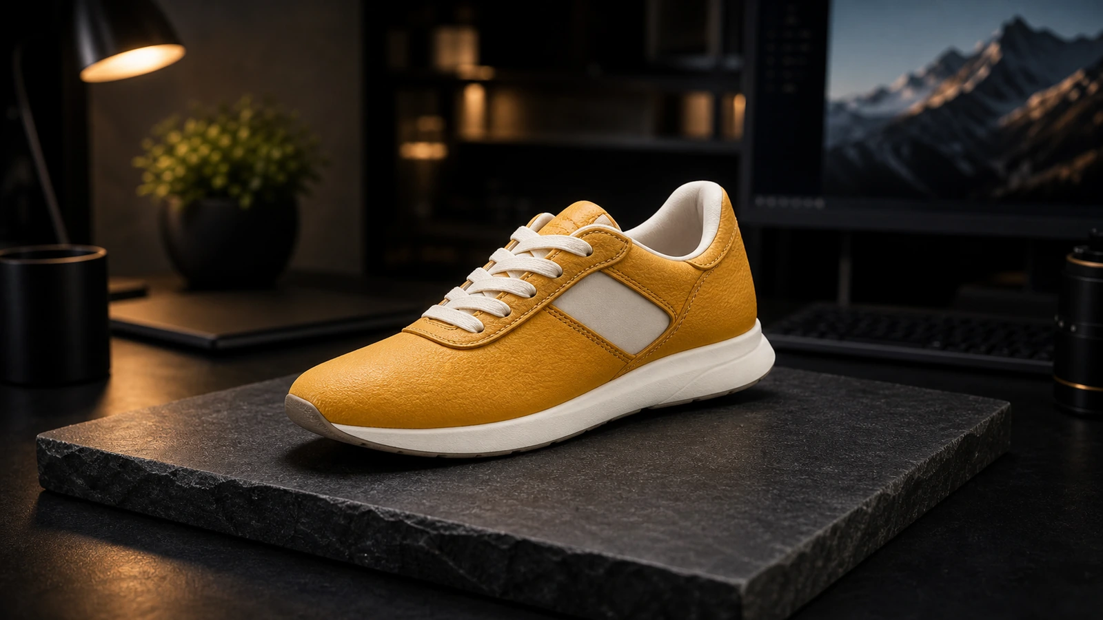 Vorher: Produktfoto eines gelben Sneakers vor und nach dem Entfernen des Hintergrunds