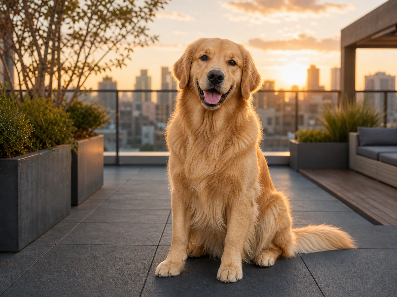 Vorher: Golden Retriever auf einer Dachterrasse bei Sonnenuntergang