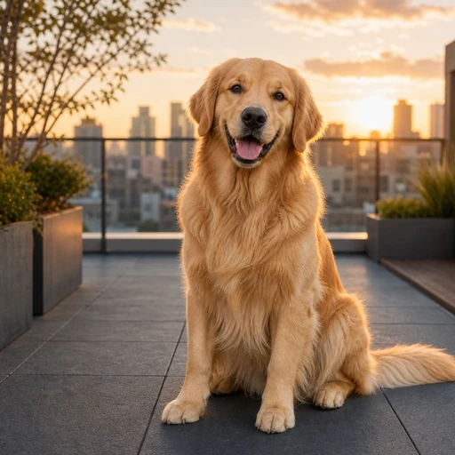 Golden Retriever auf einer Dachterrasse bei Sonnenuntergang
