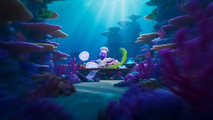 Cartoon octopus chef cooks a glowing orange dish underwater