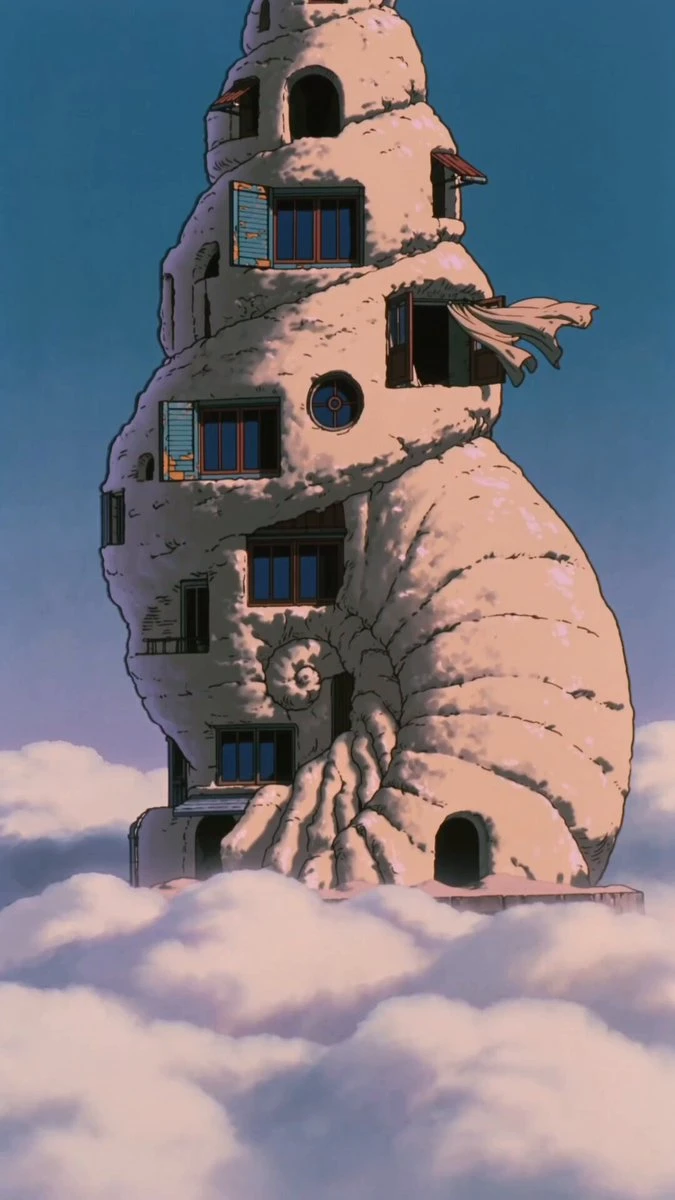 Vorschau zum Seedance 2.0 Video-Prompt: 90er-Jahre Retro-Anime-Animation eines Muschelturms