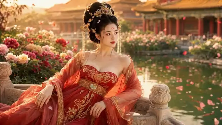 Ancient palace beauty scene with peonies, tassels, and warm evening light