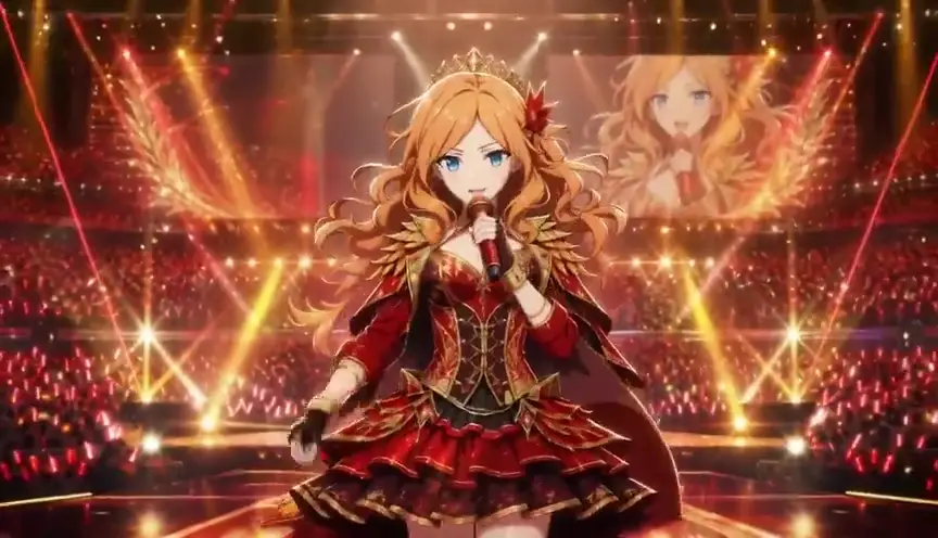 Anime idol performs in a frozen-time arena with suspended confetti