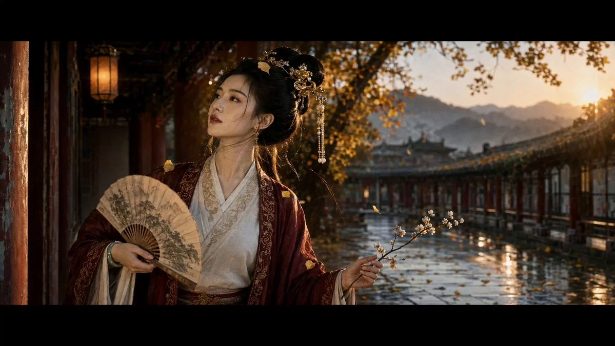 Ancient palace woman in red hanfu holds a folding fan in golden-hour light