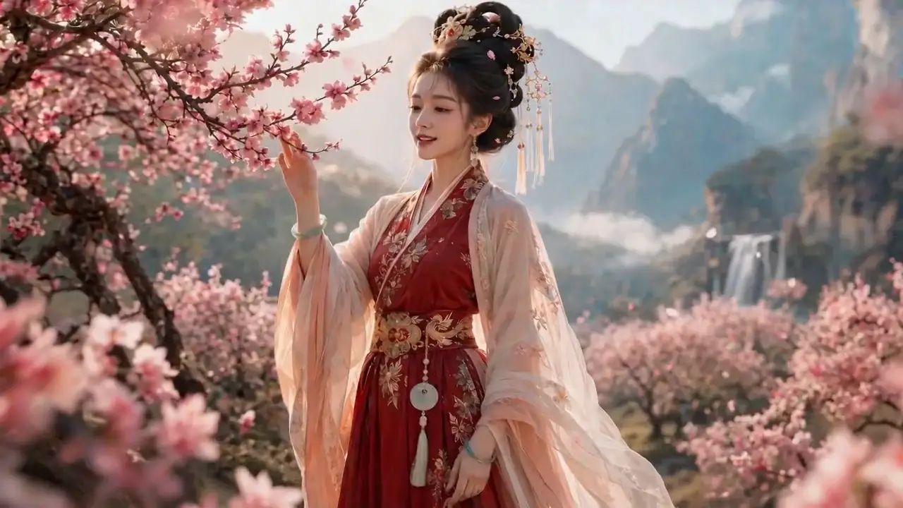 Classical Chinese woman speaks among peach blossoms at golden hour