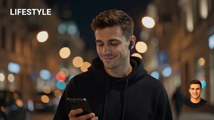 Wireless earbuds commercial scene in a rainy cyberpunk city