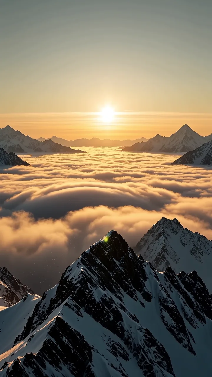 Giant red and white koi swims through golden clouds above snow mountains