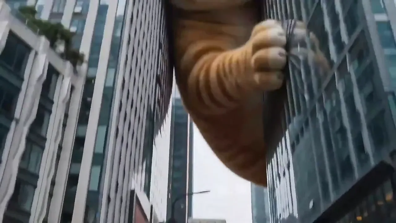 Godzilla-sized orange cat stuck between skyscrapers, viral meme Seedance 2.0 clip