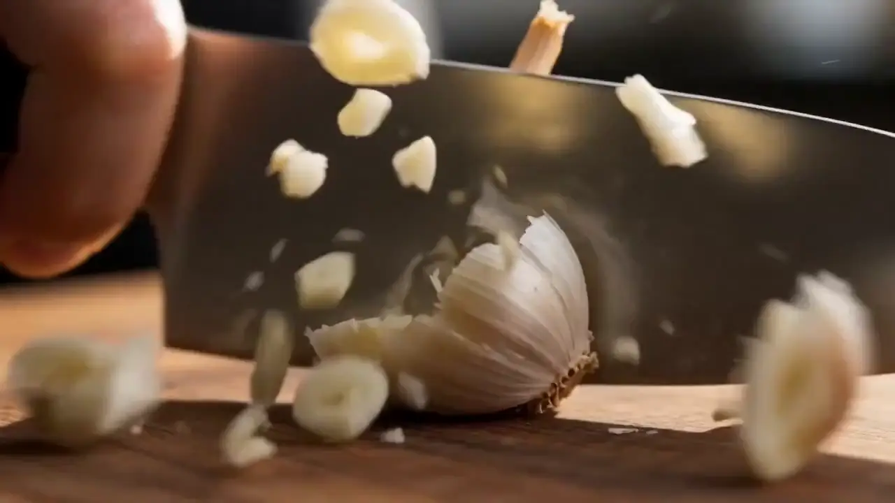 Macro cooking commercial shows garlic, pasta, steam and plated food