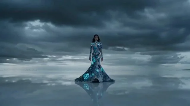 Fashion model in a liquid blue-and-white porcelain dress on a mirrored salt flat