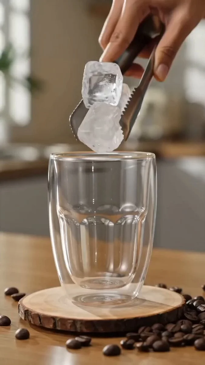 Iced latte coffee swirls with milk and ice in a commercial close-up