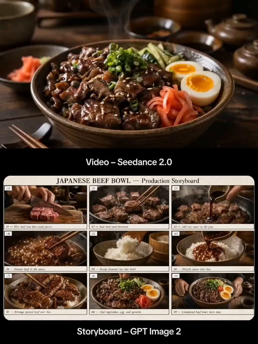 Seedance 2.0 video preview showing japanese beef bowl cooking storyboard