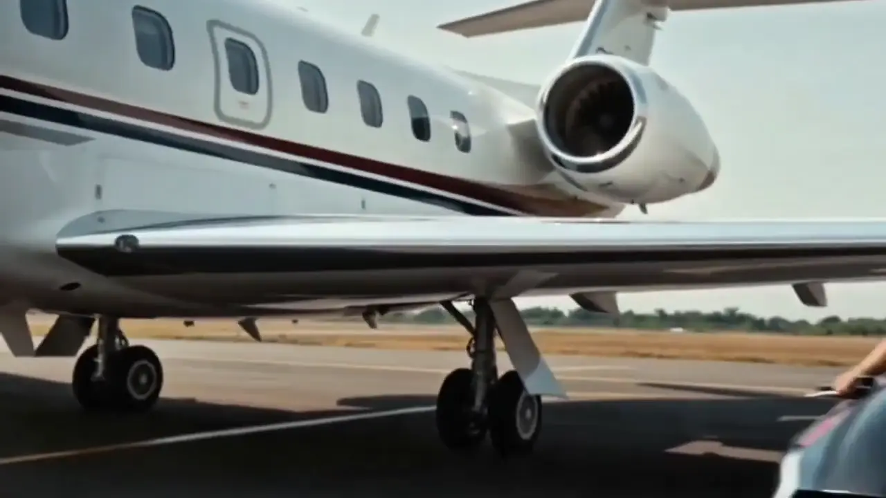 Futuristic motorcycle morphs into a rolling suitcase beside a private jet