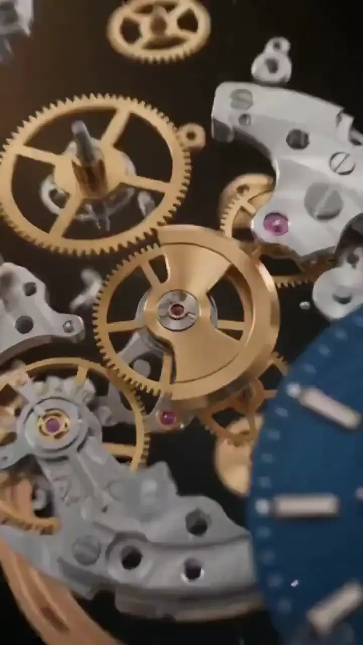 Luxury mechanical watch parts explode and reassemble in macro slow motion