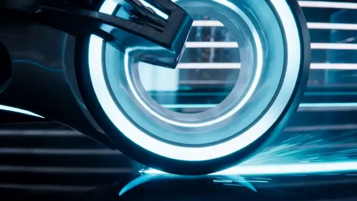 Neon light-cycle rider races through a luminous digital tunnel