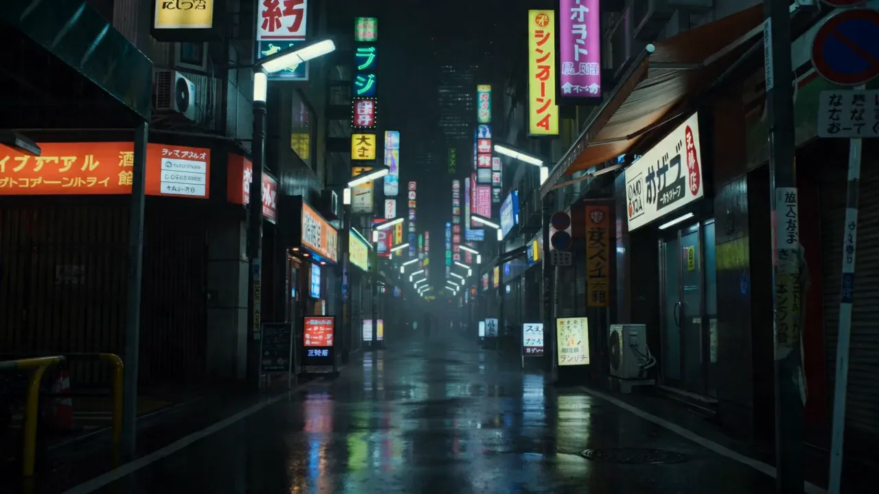 Neon-lit Tokyo alley in rain with umbrella figure, Blade Runner style Seedance 2.0