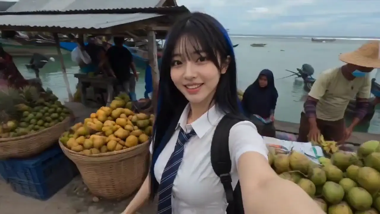 Indonesian woman records quiet island moments with a pocket camcorder look