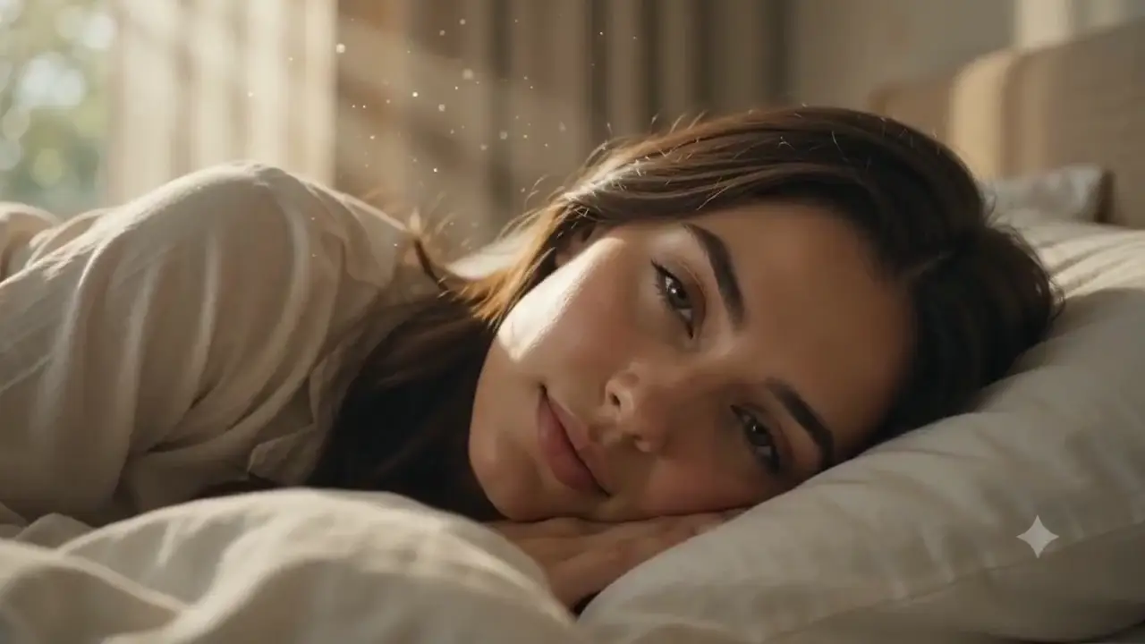 Young woman wakes in soft morning light and opens the bedroom curtains