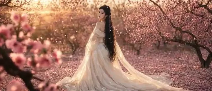 Melancholy peach blossom garden scene with a woman in flowing gauze