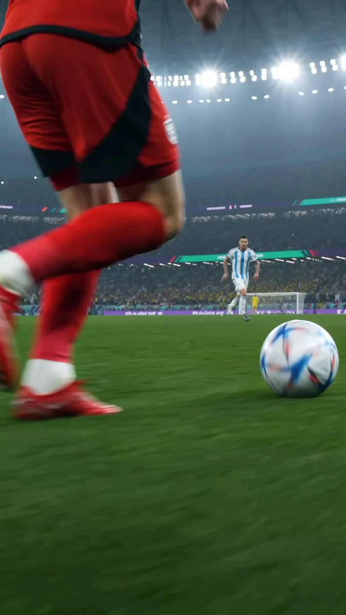 Realistic soccer player strikes a goal in a stadium match highlight