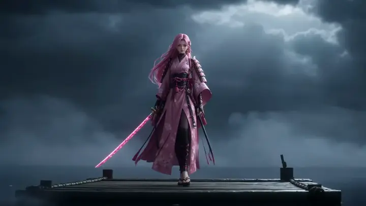 Samurai warriors duel across a dark lake with moonlit energy effects